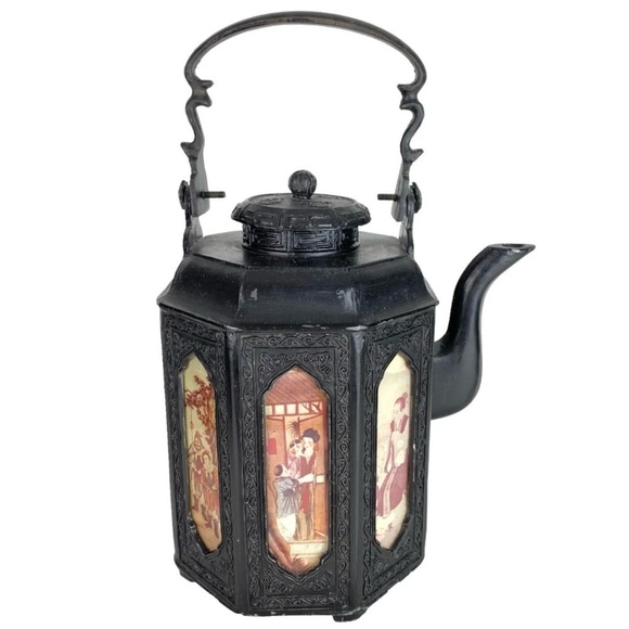 Vintage Chinese Shantou Teapot Pewter Metal Reverse Glass Painted Panels Black - Picture 16 of 16